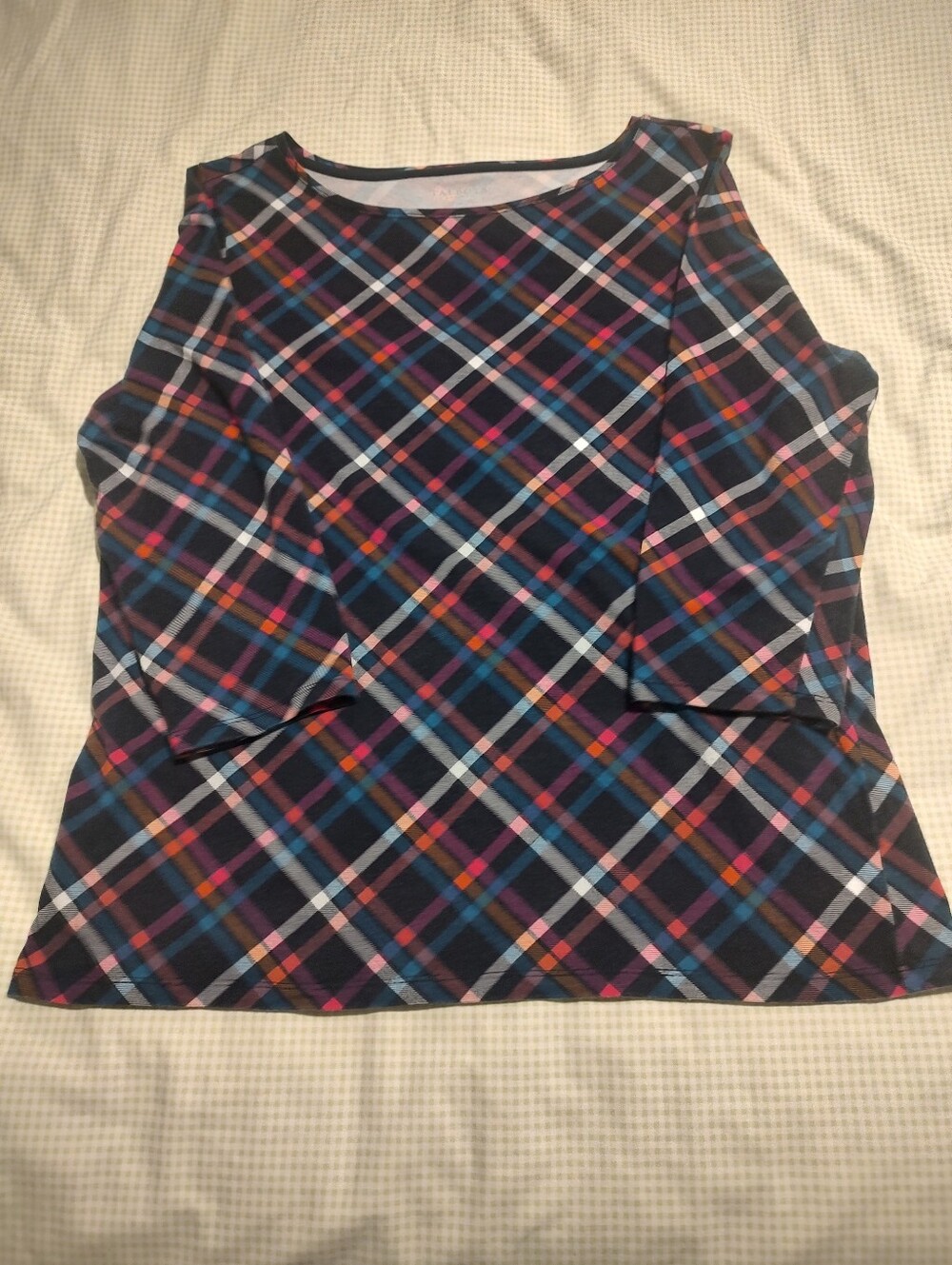 Talbot's Navy Multicolor Plaid Long Sleeve Boatneck Top